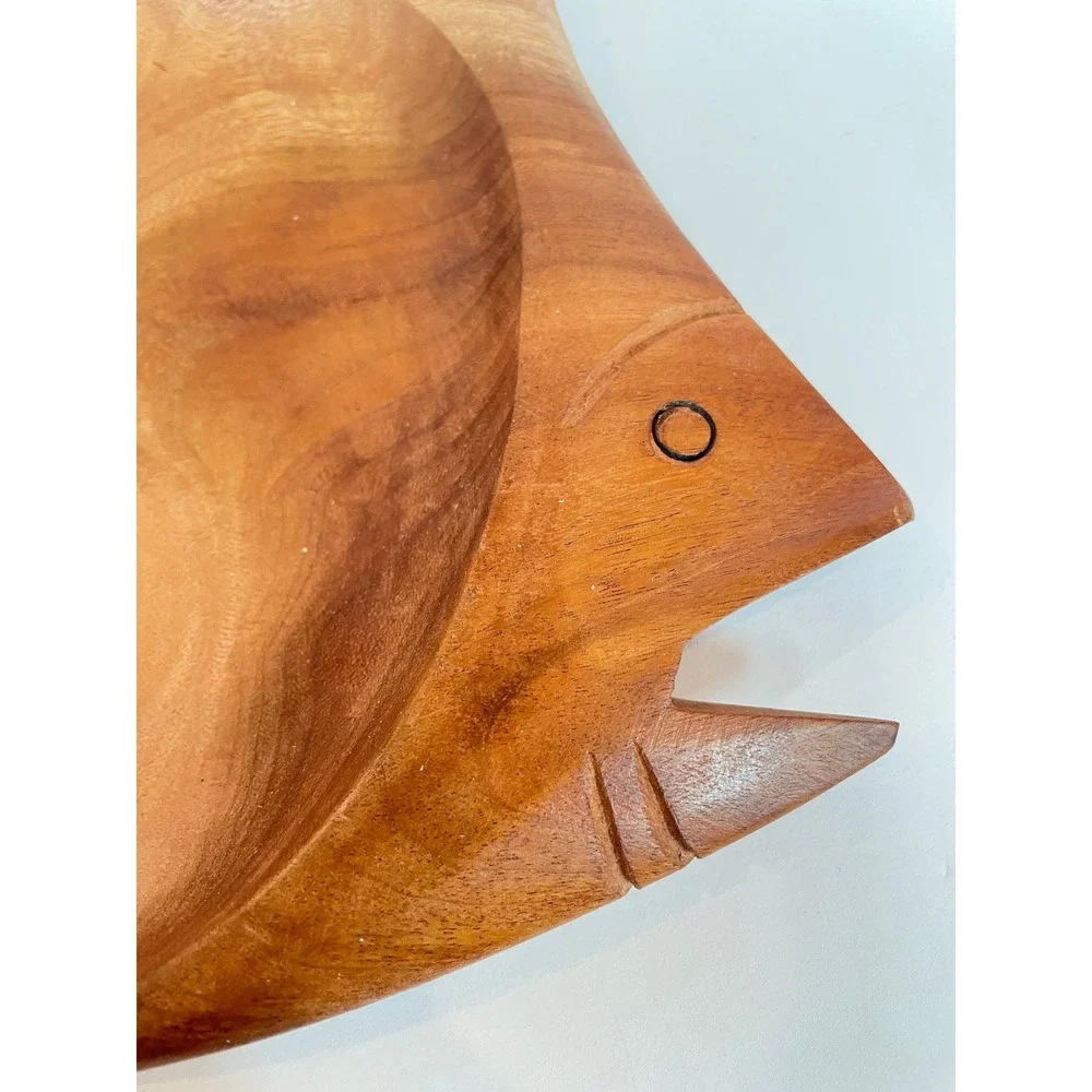 Vintage Hand Carved Wooden Fish‎ Bowl Serving Tray Coastal Tropical Decor Large